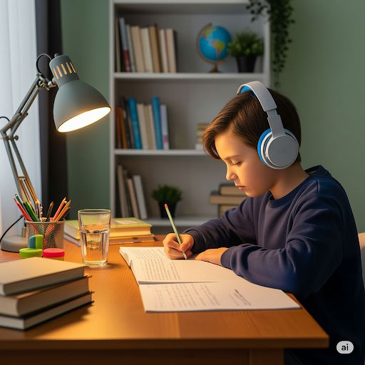 Jeune garçon faisant ses devoirs dans un environnement calme, organisé et bien éclairé